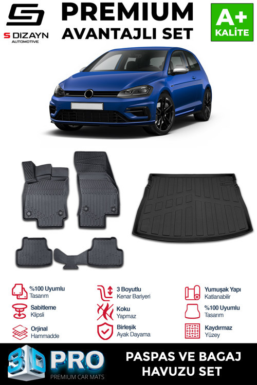 VW Golf 7 3D Pro Havuzlu Paspas ve Bagaj Havuzu Seti (2'li SET) 2012-2020 A+ Kalite