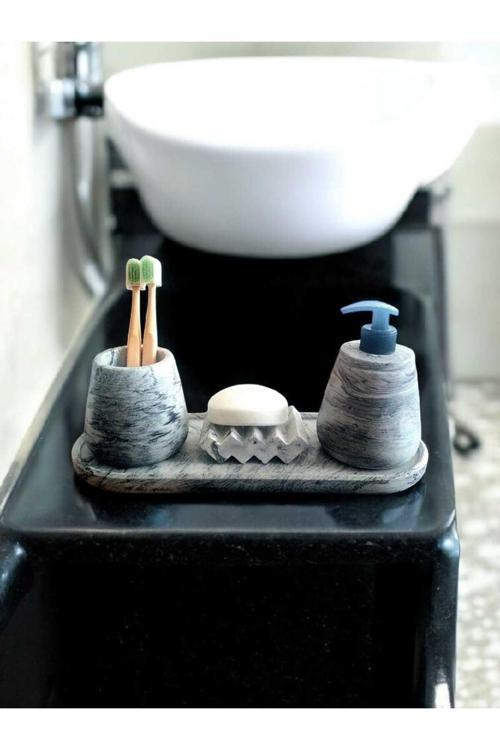 4'Lü Antrasit Banyo Seti,Sıvı Sabunluk Diş Fırçalığı Beton Aksesuar Takım