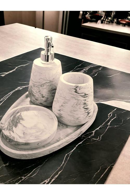 4'Lü Mermer Desen Beton Banyo Seti Sıvı Sabunluk Diş Fırçalığı Aksesuar Takım