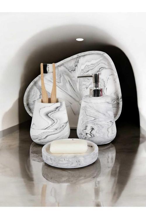 4'Lü Mermer Desen Beton Banyo Seti Sıvı Sabunluk Diş Fırçalığı Aksesuar Takımı