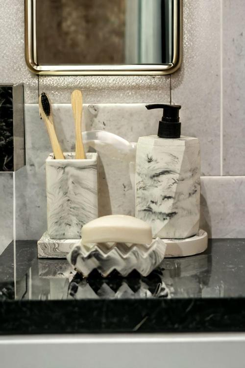 4'Lü Mermer Desenli Banyo Seti , Sıvı Sabunluk Diş Fırçalığı Beton Aksesuar Takımı
