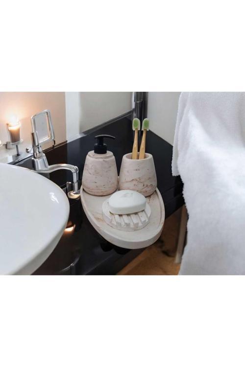 4'Lü Mermer Desenli Beton Banyo Seti , Sıvı Sabunluk Diş Fırçalığı Aksesuar