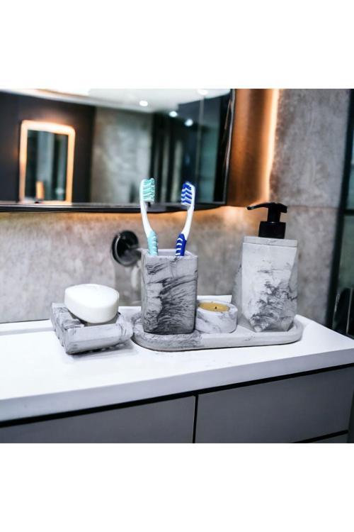 5'Li Mermer Desenli Banyo Seti, Sıvı Sabunluk Diş Fırçalığı Beton Antrasit Set.