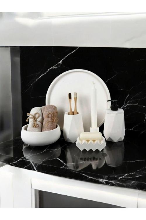 6'Lı Kırık Beyaz Beton Banyo Seti