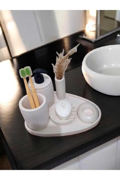 6'Lı Kırık Beyaz Beton Banyo Seti Sıvı Sabunluk Diş Fırçalığı ,Tepsili,Mumluklu Aksesuar Takım