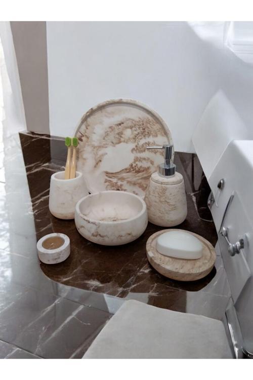 6'Lı Mermer Desen Bej Beton Banyo Seti ,Sıvı Sabunluk Diş Fırçalığı Aksesuar Takım