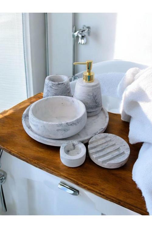 6'Lı Mermer Desen Beton Banyo Seti ,Sıvı Sabunluk Diş Fırçalığı Aksesuar Takımı