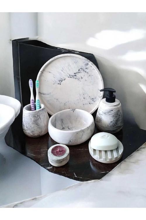 6'Lı Mermer Desen Beton Banyo Seti, Sıvı Sabunluk Diş Fırçalığı Aksesuar Takımı