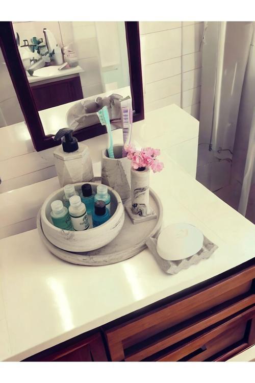 6'Lı Mermer Desenli Antrasit Beton Banyo Seti , Sıvı Sabunluk Diş Fırçalığı Aksesuar Takım
