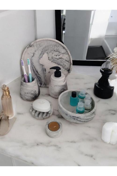 6'Lı Mermer Desenli Beton Banyo Seti ,Sıvı Sabunluk Diş Fırçalığı Aksesuar Takımı
