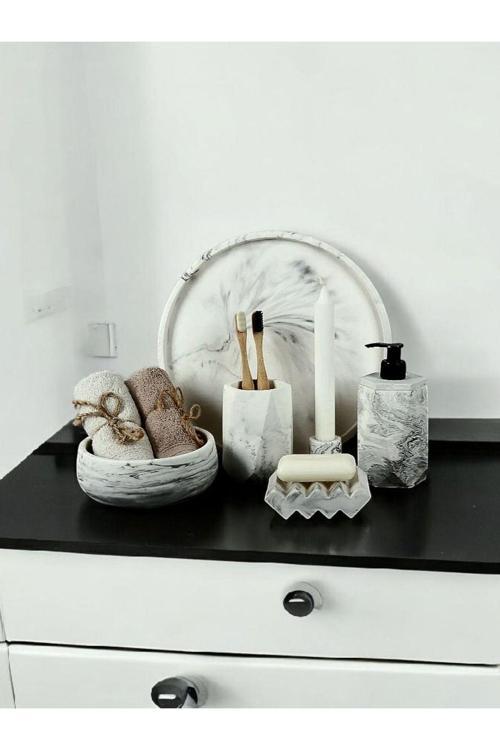 6'Lı Mermer Desenli Beton Banyo Seti Tuvalet Wc Sıvı Sabunluk Diş Fırçalığı Beton Aksesuar Takımı