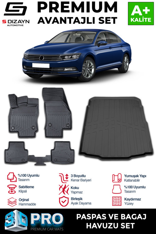 VW Passat B8 3D Pro Havuzlu Paspas ve Bagaj Havuzu Seti (2'li SET) 2015-2019 A+ Kalite