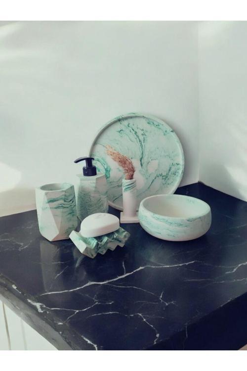6'Lı Mermer Desenli Yeşil Beton Banyo Seti Sıvı Sabunluk Diş Fırçalığı Aksesuar Takım