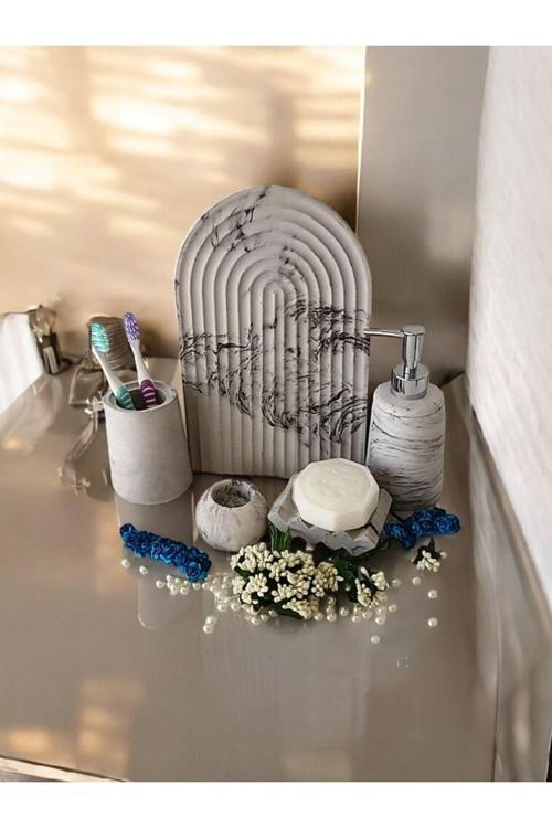 Antrasit Havluluk Ve Sabunluk Banyo Seti,Tepsi,Sıvı,Katı Sabunluk,Havluluk,Mumluk