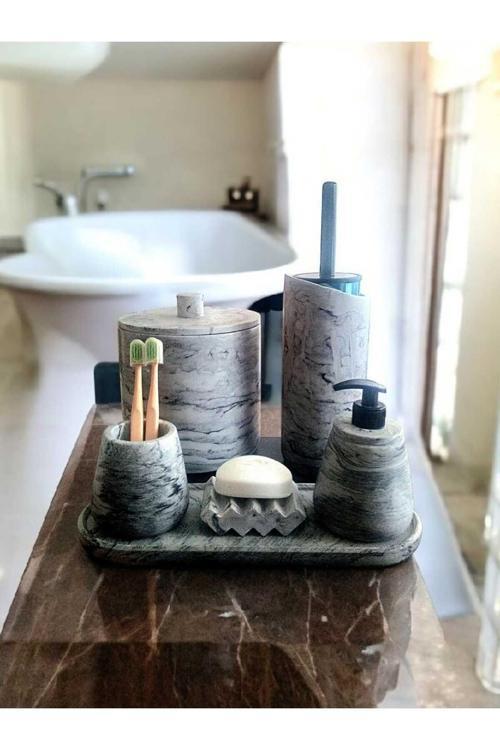Antrasit Mermer Desen Tam Beton Banyo Seti Tuvalet Wc Sıvı Sabunluk Diş Fırçalığı Aksesuar Takım