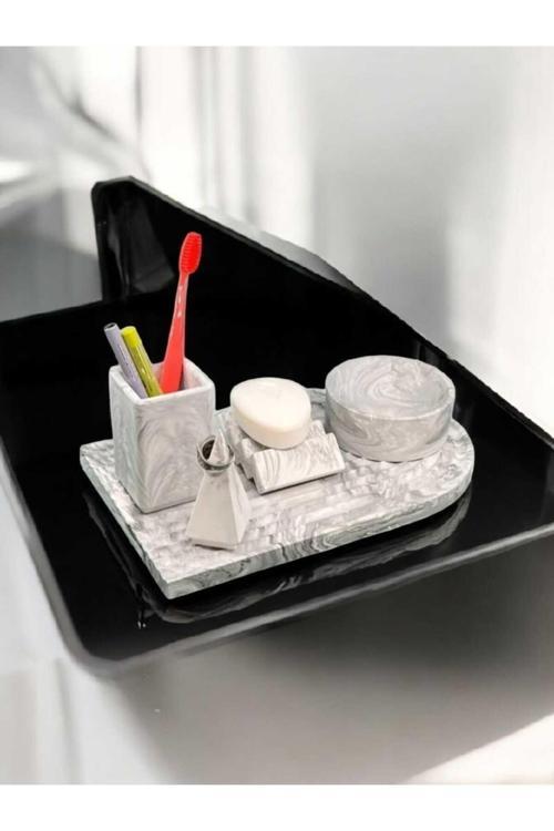 Archade Organizerli Beton Banyo Seti,Banyo Seti,Katı Sabunluk,Diş Fırçalığı,Tepsi,Yüzüklük