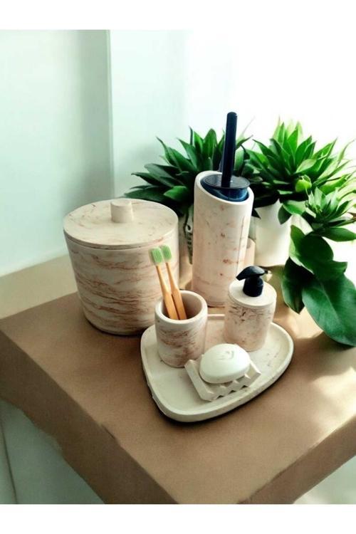 Bej Mermer Desen Tam Beton Banyo Seti,Tuvalet Fırçası,Çöp Kovası,Katı,Sıvı Sabunluk,Tepsi