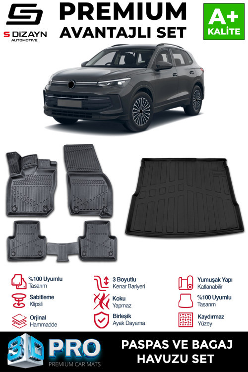 VW Tiguan 3D Pro Havuzlu Paspas ve Bagaj Havuzu Seti (2'li SET) 2024 Üzeri A+ Kalite