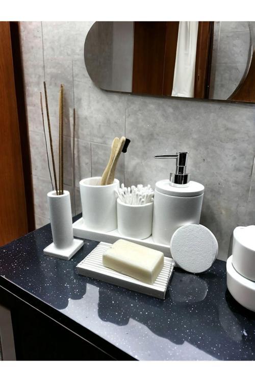 Kırık Beyaz Beton Banyo Set, Sıvı Ve Katı Sabunluk,Diş Fırçalık,Mumluk,Pamukluk,Tepsi