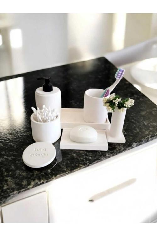 Kırık Beyaz Beton Banyo Seti Tuvalet Wc Sıvı Sabunluk Diş Fırçalığı Beton Aksesuar Takım