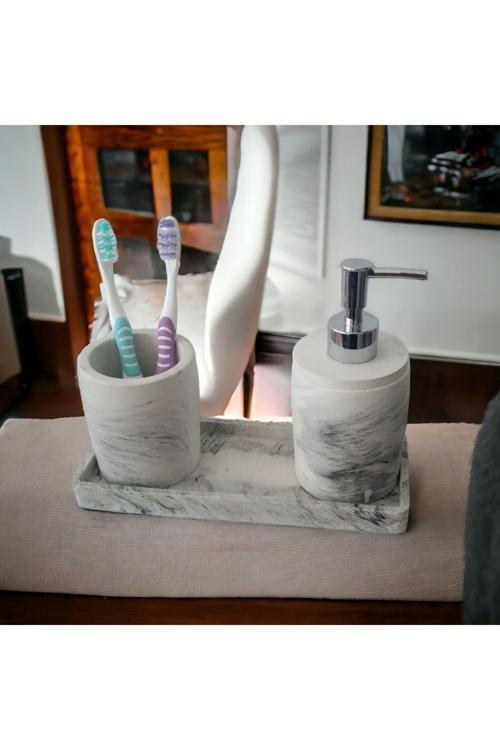 Marble 3'Lü Banyo Seti, Sıvı Sabunluk Diş Fırçalığı Beton Aksesuar Takım
