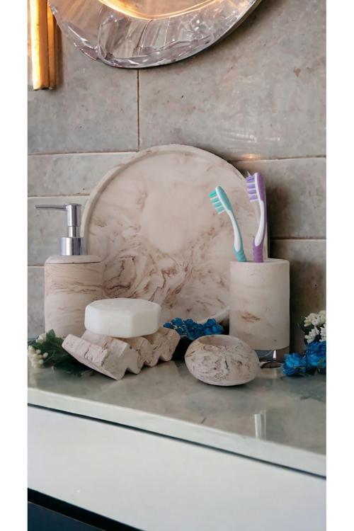 Marble Bej Serisi Banyo Seti, Sıvı Sabunluk Diş Fırçalığı Beton Aksesuar Takımı