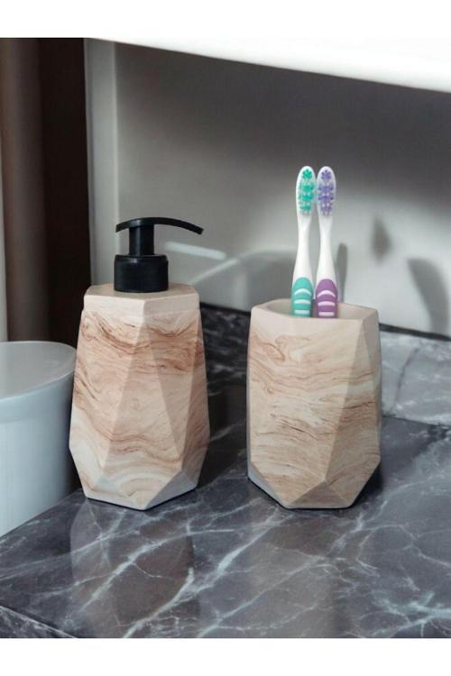 Marble Bej Sıvı Sabunluk Ve Diş Fırçalık