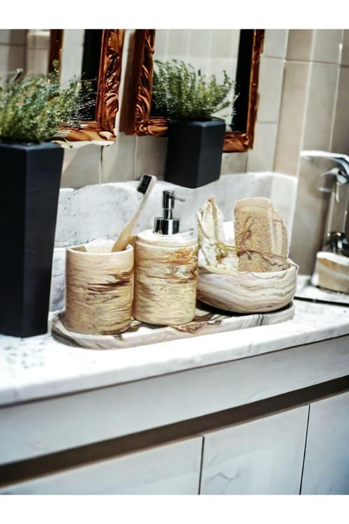 Marble Serisi 4'Lü Banyo Seti,Sıvı Sabunluk Diş Fırçalığı Beton Aksesuar Takım