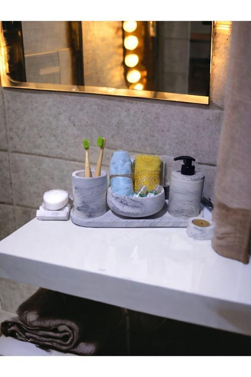 Marble Serisi 6'Lı Banyo Seti, Sıvı Sabunluk Diş Fırçalığı Beton Aksesuar Takım