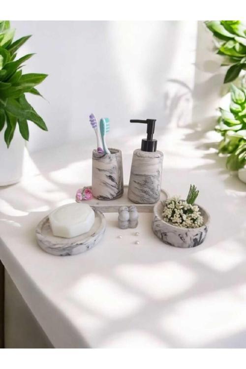 Marble Serisi Organizerli Havluluklu Ve Sıvı Sabunluklu Beton Banyo Seti