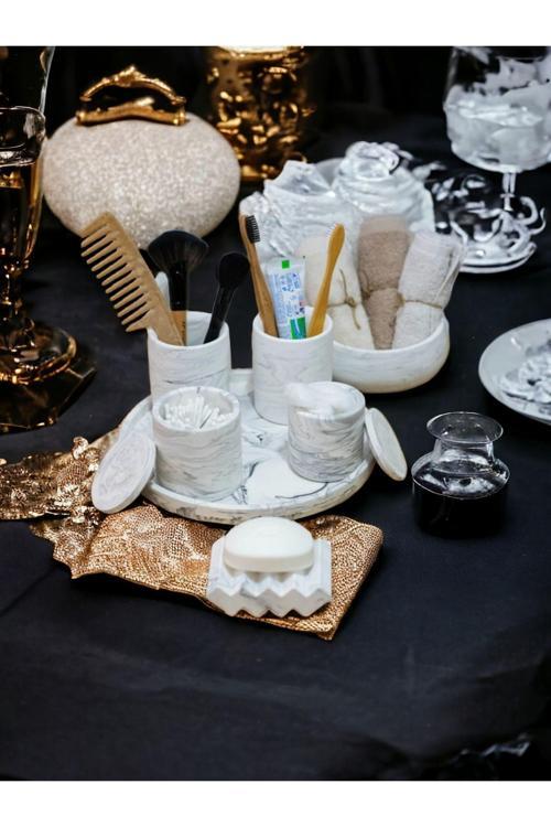 Marble Serisi Tepsili Beton Banyo Seti Pamukluk Havluluk Ve Sabunluk Set