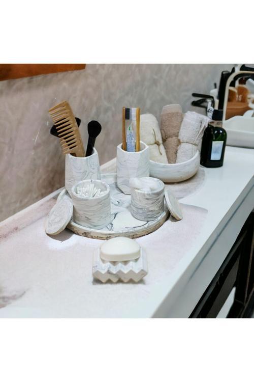 Marble Serisi Tepsili Beton Banyo Seti,Pamukluk,Havluluk Ve Sabunluk Seti
