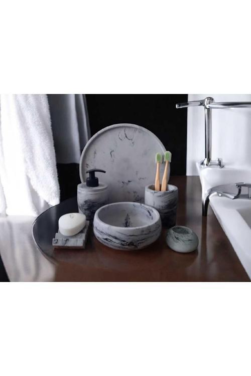 Mermer Desen Antrasit Beton Banyo Seti,Tepsi,Sıvı,Katı Sabunluk,Havluluk,Mumluk