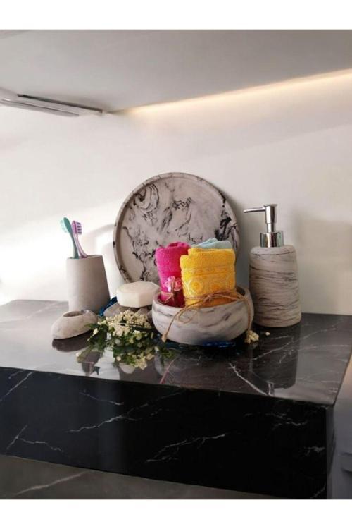 Mermer Desen Antrasit Serisi Beton Banyo Seti,Tepsi,Sıvı,Katı Sabunluk,Havluluk,Mumluk