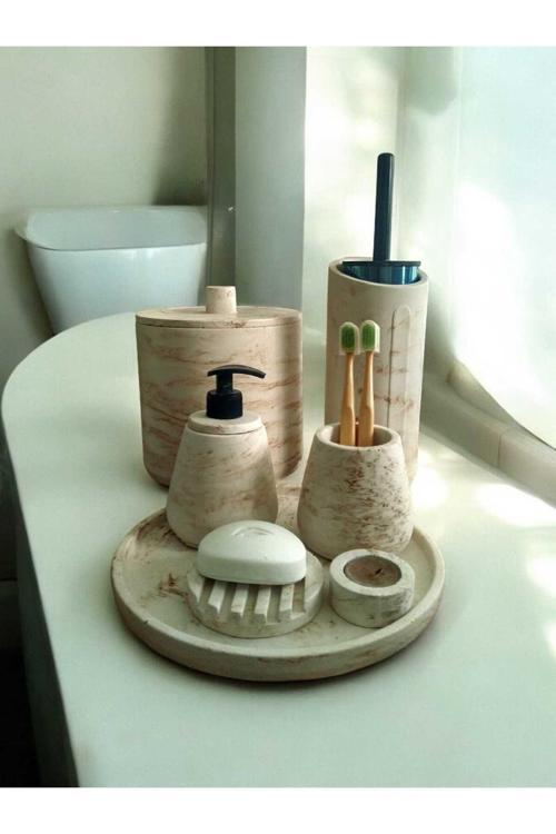 Mermer Desen Bej Beton Banyo Seti,Tuvalet Fırçası,Çöp Kovası,Katı,Sıvı Sabunluk,Tepsi,Mumluk