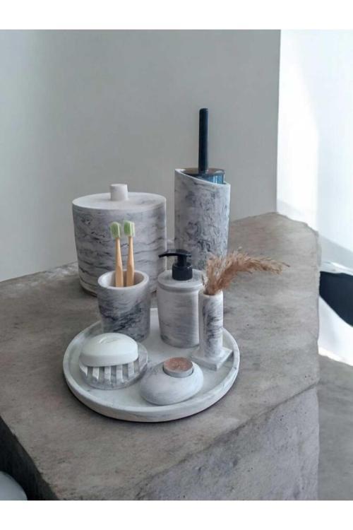 Mermer Desen Çöp Kovasi, Tuvalet Wc,Sıvı,Katı,Sabunluk Diş Fırçalık,Tepsi,Havluluk Beton Banyo Seti