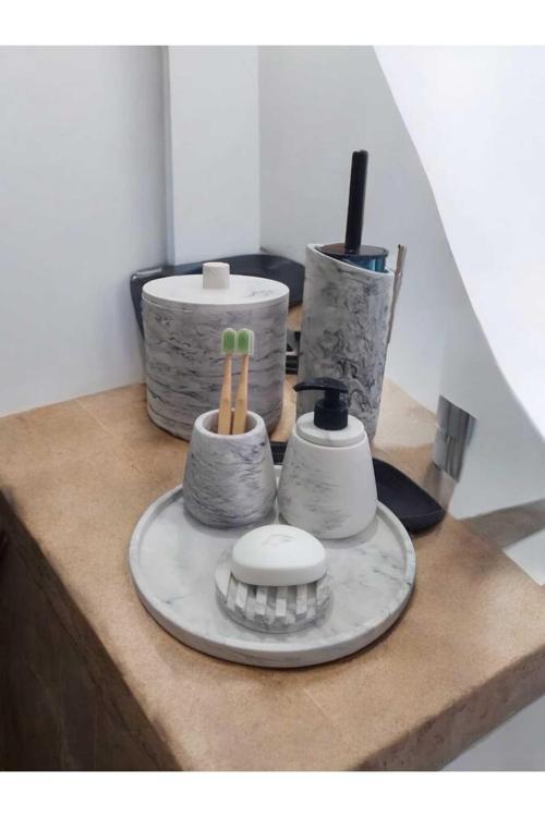 Mermer Desen Tam Beton Banyo Seti,Tuvalet Fırçası,Çöp Kovası,Katı,Sıvı Sabunluk,Tepsi,