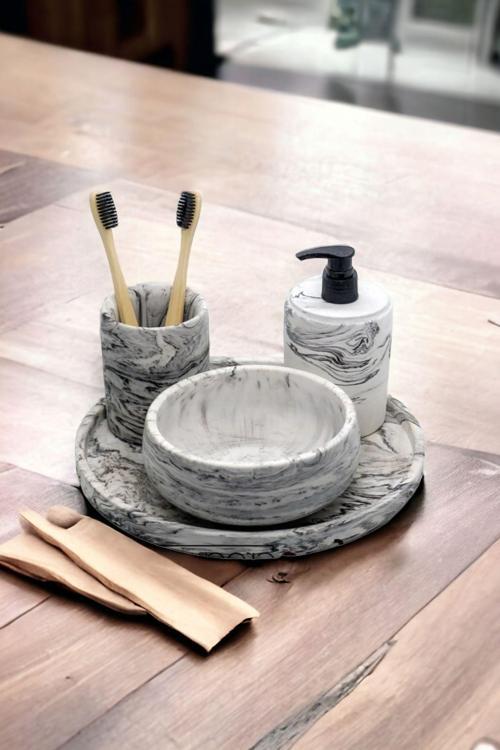 Mermer Desenli 4'Lü Banyo Seti, Sıvı Sabunluk Diş Fırçalığı Beton Aksesuar Takım