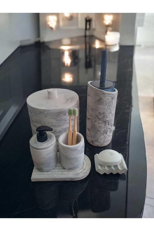 Mermer Serisi Gri Beton Banyo Seti,Çöp Kovasi,Tuvalet Fırçası Takim