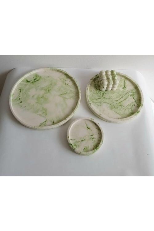 Marble Mermer Desenli Dekoratif Beton Büyük Boy Organizer 3 Lü Tepsi Seti