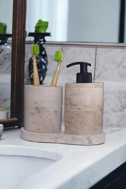 3'Lü Bej Mermer Serisi Banyo Seti, Sıvı Sabunluk Diş Fırçalığı Beton Aksesuar Takımı
