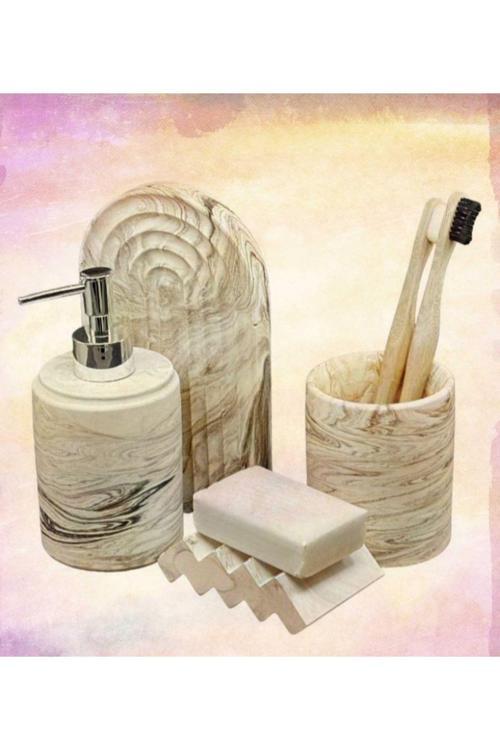 Marble Bej Serisi Banyo Seti,Sıvı Sabunluk Diş Fırçalığı Beton Aksesuar Takımı...
