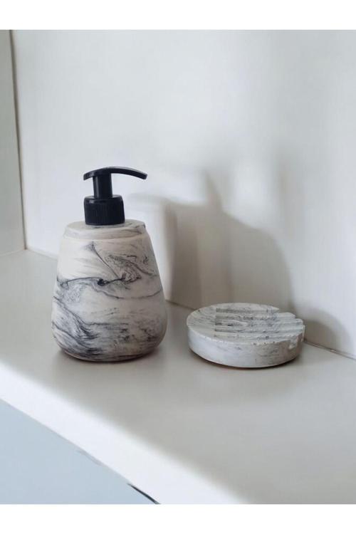 Marble Gri Sıvı Ve Katı Sabunluk Seti