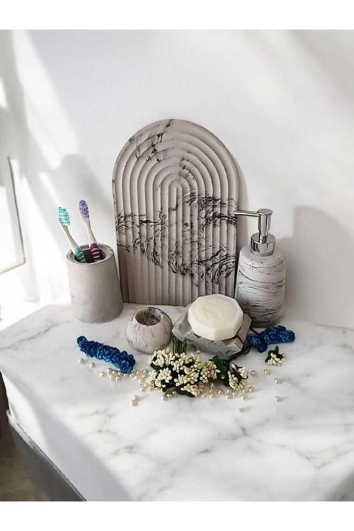 Marble Serisi Antrasit 5 Li Banyo Seti, Sıvı Sabunluk Diş Fırçalığı Beton Aksesuar Takım