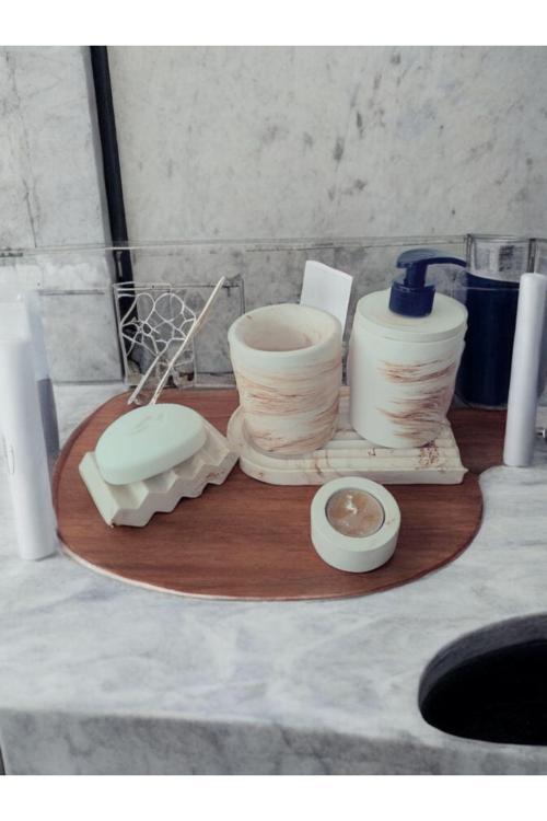 Mermer Desen Bej Banyo Seti ,Sıvı Sabunluk Diş Fırçalığı Beton Aksesuar Takımı