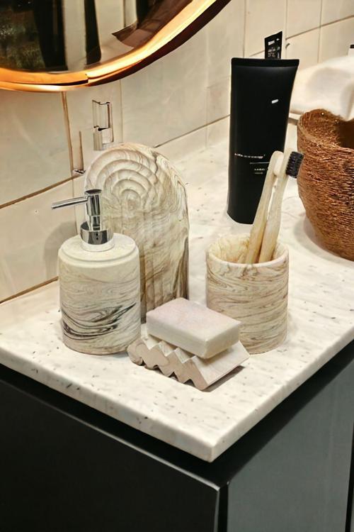 Mermer Serisi Bej Banyo Seti ,Sıvı Sabunluk Diş Fırçalığı Beton Aksesuar Takım