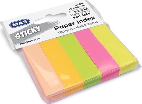 Kağıt İndeks Yapışkanlı Kağıt Ayraç 15X50Mm Neon 5X100 Yaprak 5 Renk (12 Paket)