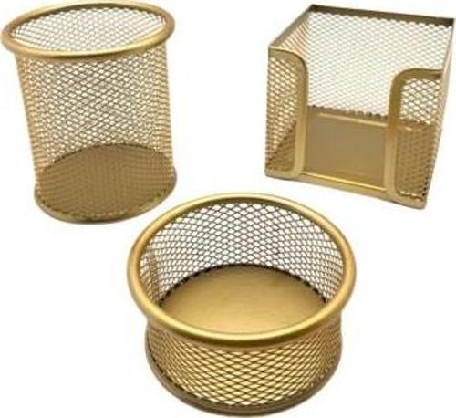 Masa Seti Ataşlık-Kağıtlık-Kalemlik 3 Lü Metal Perforeli Gold 505