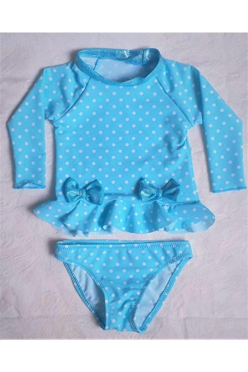 Uzun Kol Kız Bebek Mayosu/Tankini Puantiye Mavi 4
