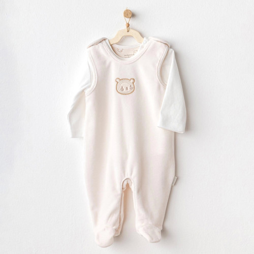 AC25185 Bear Time Kadife Bebek Tulum Takım Ekru